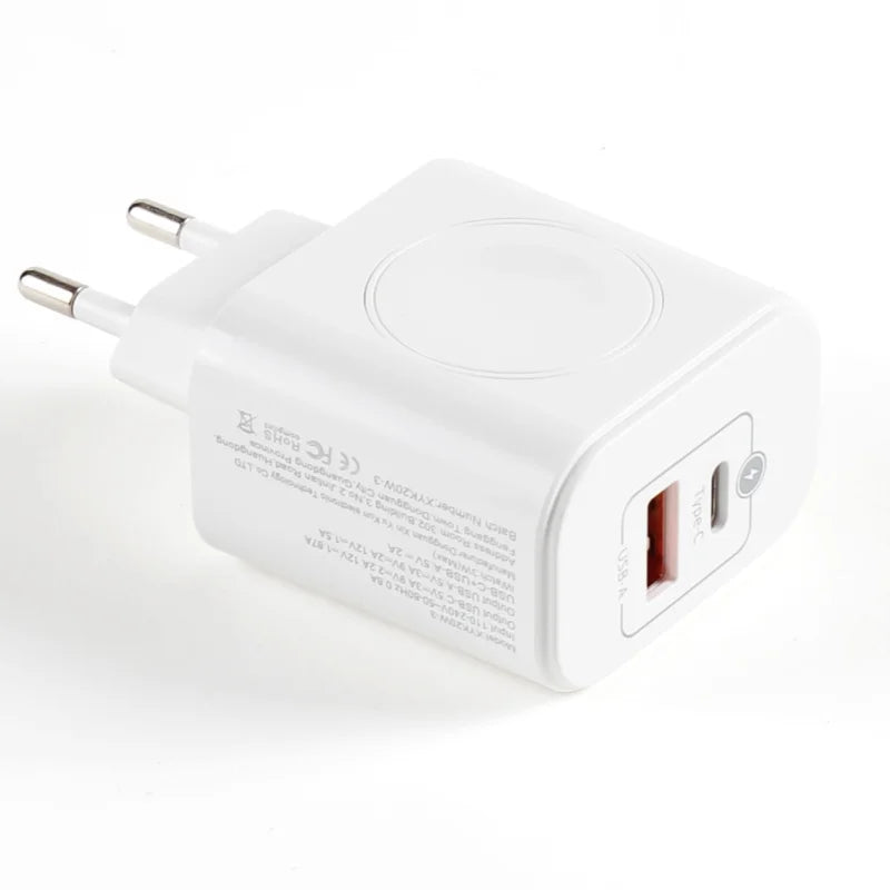 PowerTrio | 3-in-1 draadloze oplader | 3-in-1 Draadloze Oplader voor iPhone Apple Watch – PD20W Snellader met USB-C en USB-A Poort, Compact Reis Oplaadstation