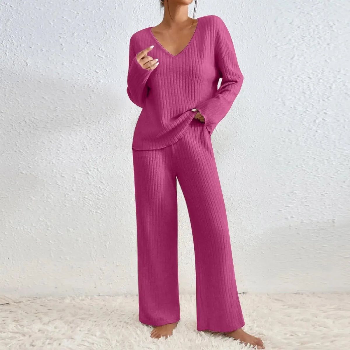 Lounara Gebreide Tweedelige Set Dames - Zachte Trui met Bijpassende Broek en Elastische Taille - Warme Loungewear Set voor Thuis in 7 Kleuren