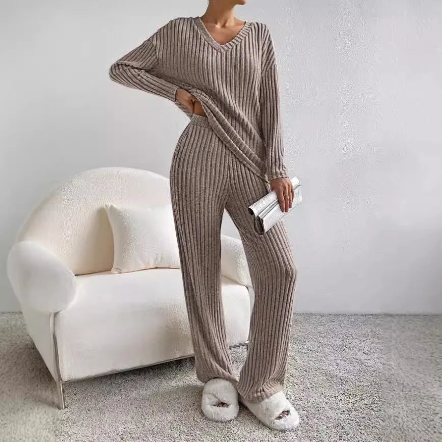 Lounara Gebreide Tweedelige Set Dames - Zachte Trui met Bijpassende Broek en Elastische Taille - Warme Loungewear Set voor Thuis in 7 Kleuren