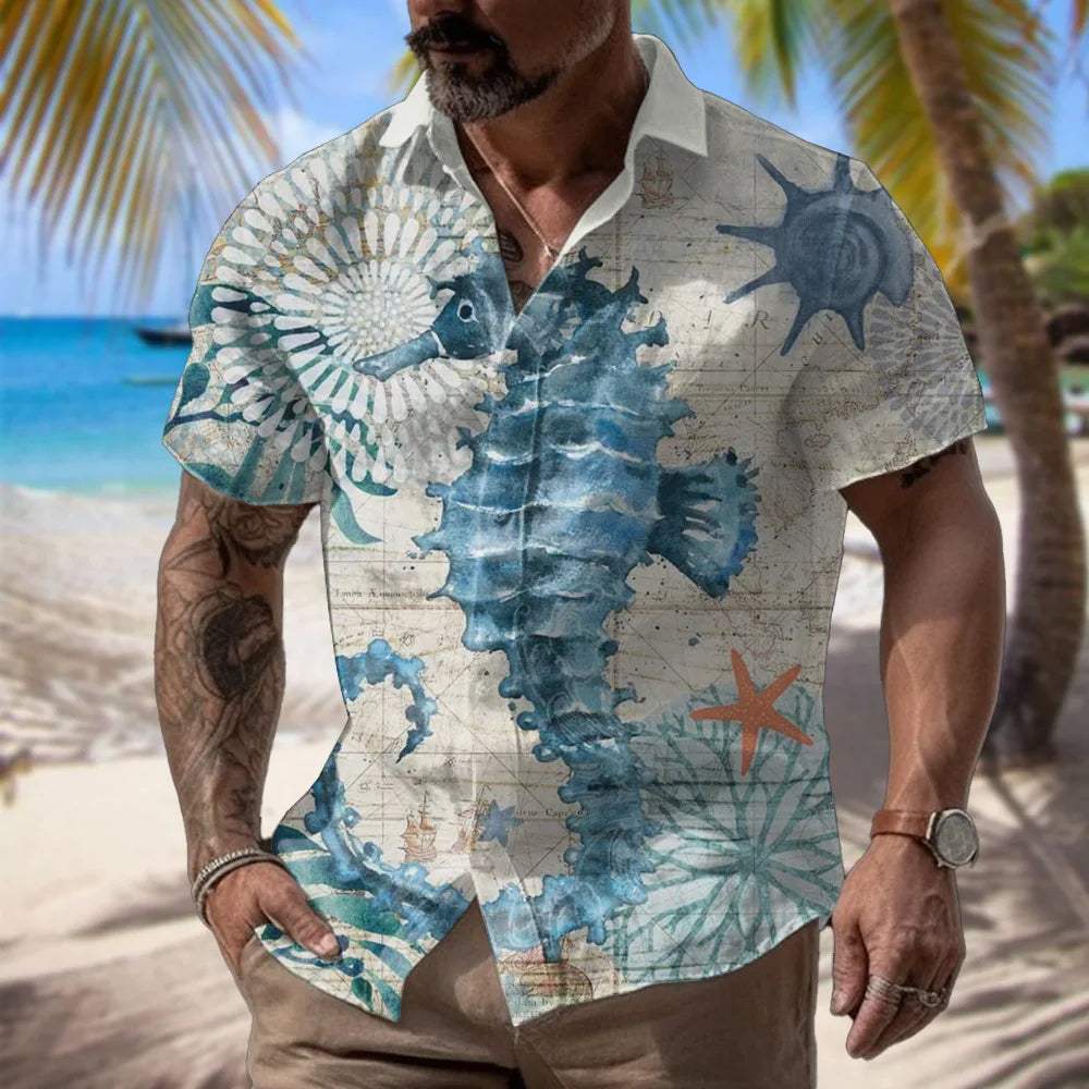 2024 Nieuwe 3d Digitale Print Zomer Casual Losse Korte Mouwen Shirt Heren Mode Trend Hawaiiaans Zee Shirt - Visconte