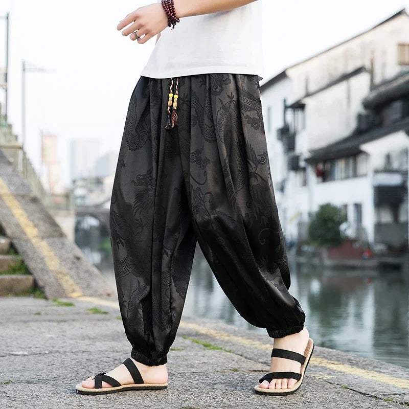 Hipster Ice Silk Satin Men's Pants Dragon Pattern Chinese Loose Trousers Smooth Satin Pants Taiji Comfortable Beach Pants - Visconte
