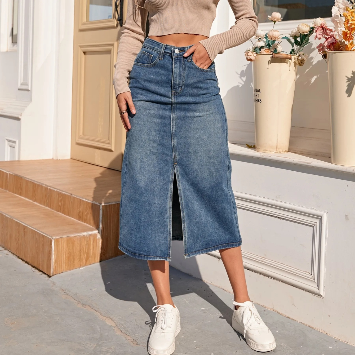 Jasina | Hoge taille vintage split blauwe lange denim Rok