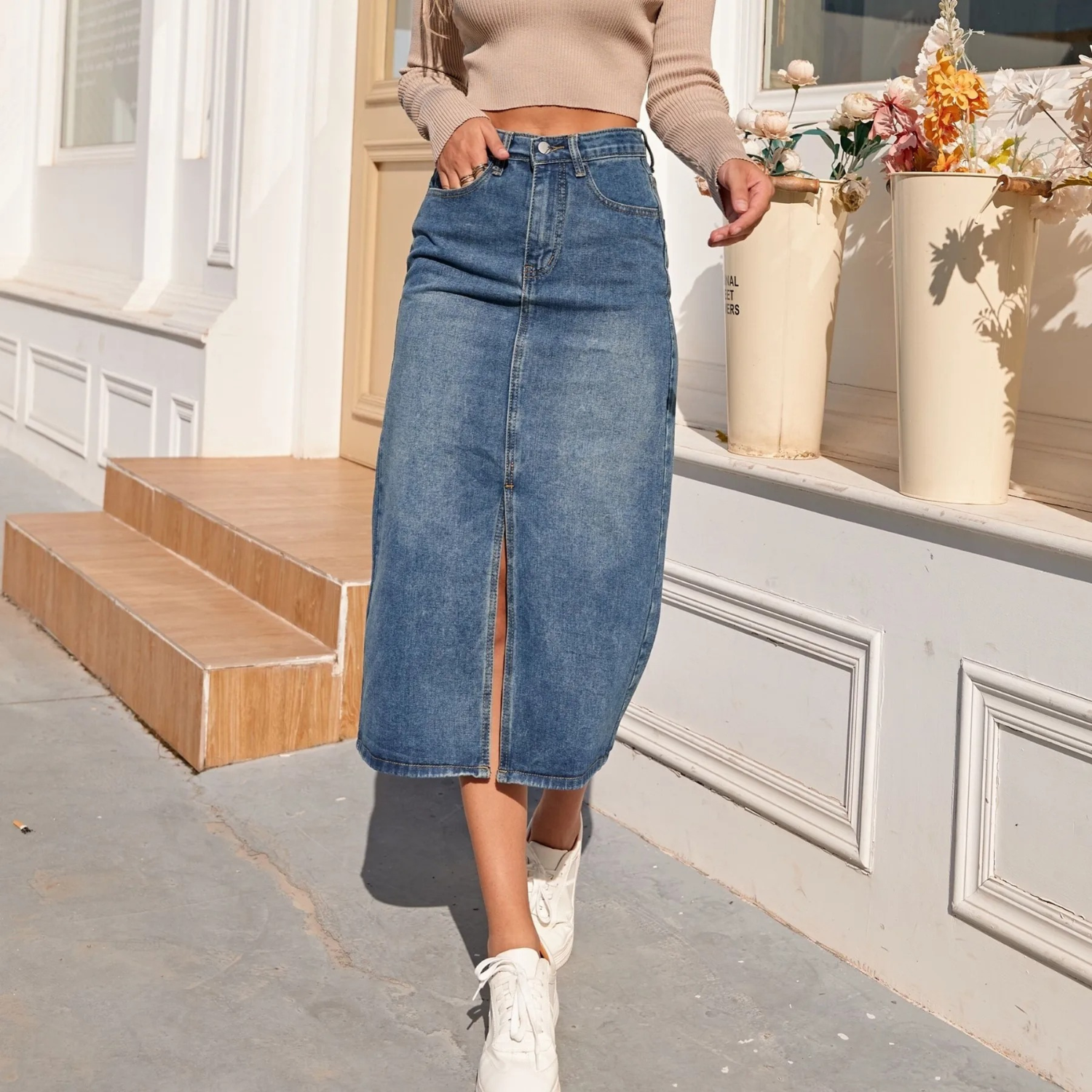 Jasina | Hoge taille vintage split blauwe lange denim Rok