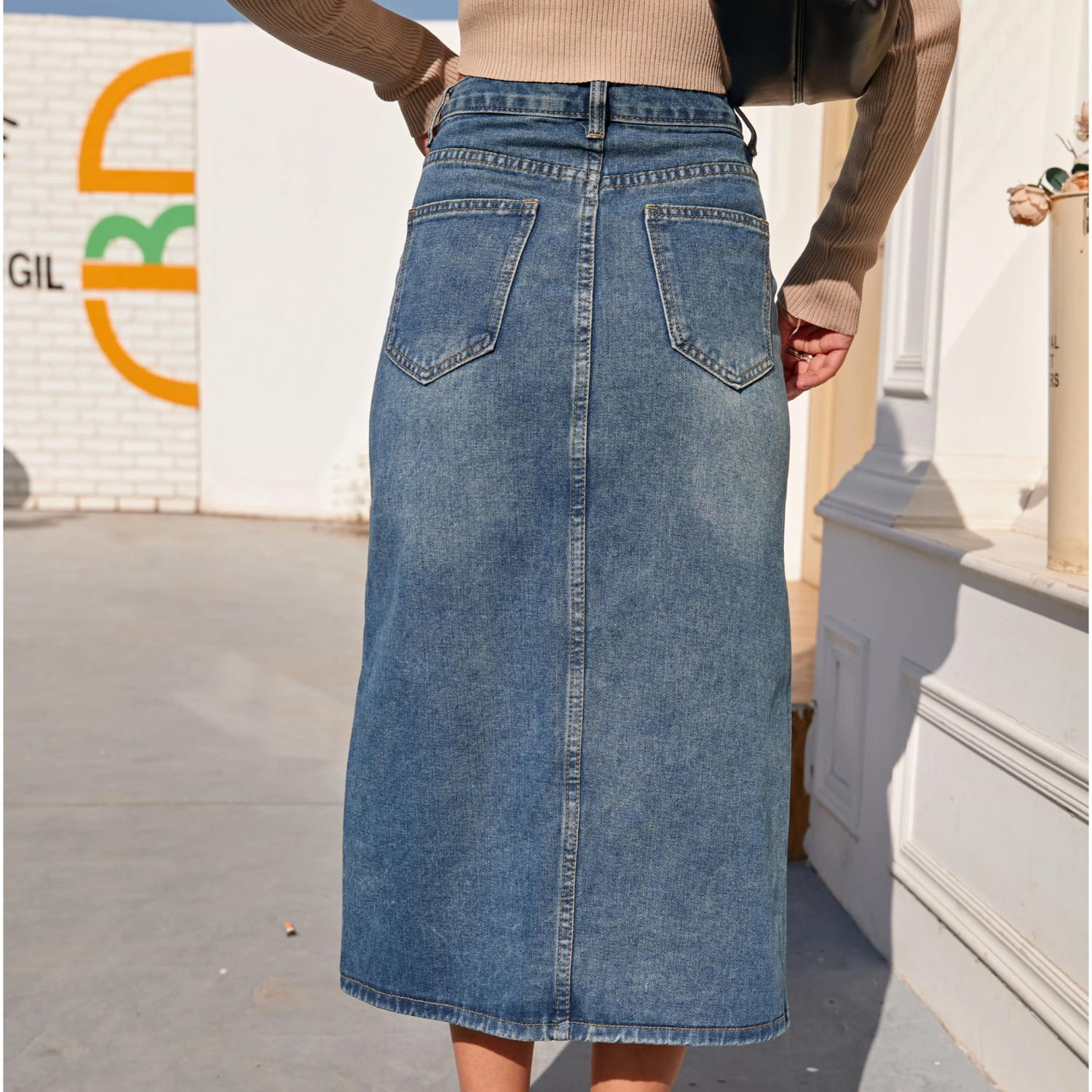 Jasina | Hoge taille vintage split blauwe lange denim Rok