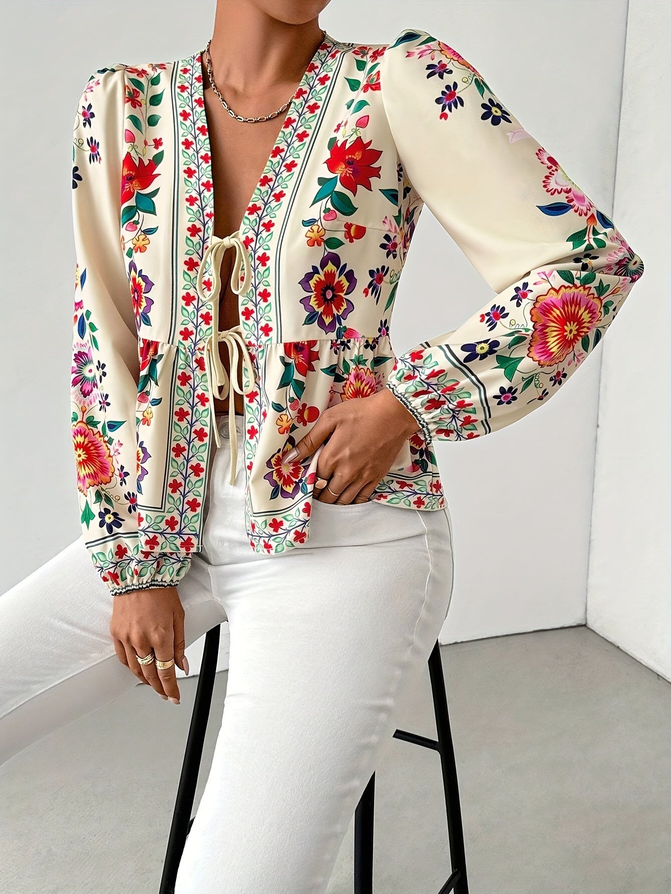 Floral Print Tie-Front Dames Blouse | Duurzaam - Must-Have - Stijlvol & Comfortabel - Lente/Zomer/Herfst