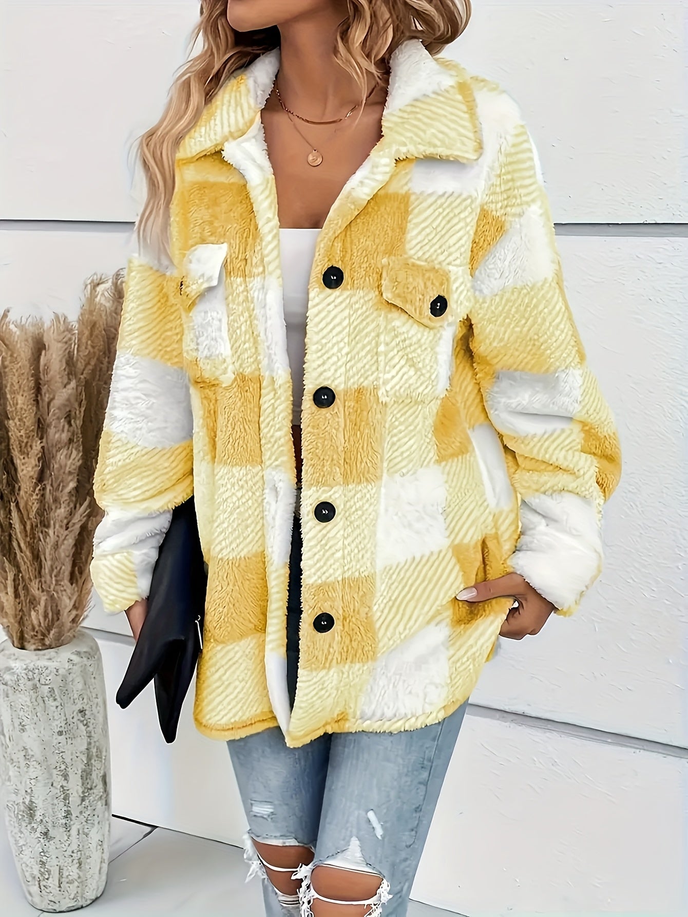 Visconte Dames Winterjas – Checkered Plush Coat met Hoge Elasticiteit, Machine-Wasbaar, Warme Jas voor Herfst & Winter