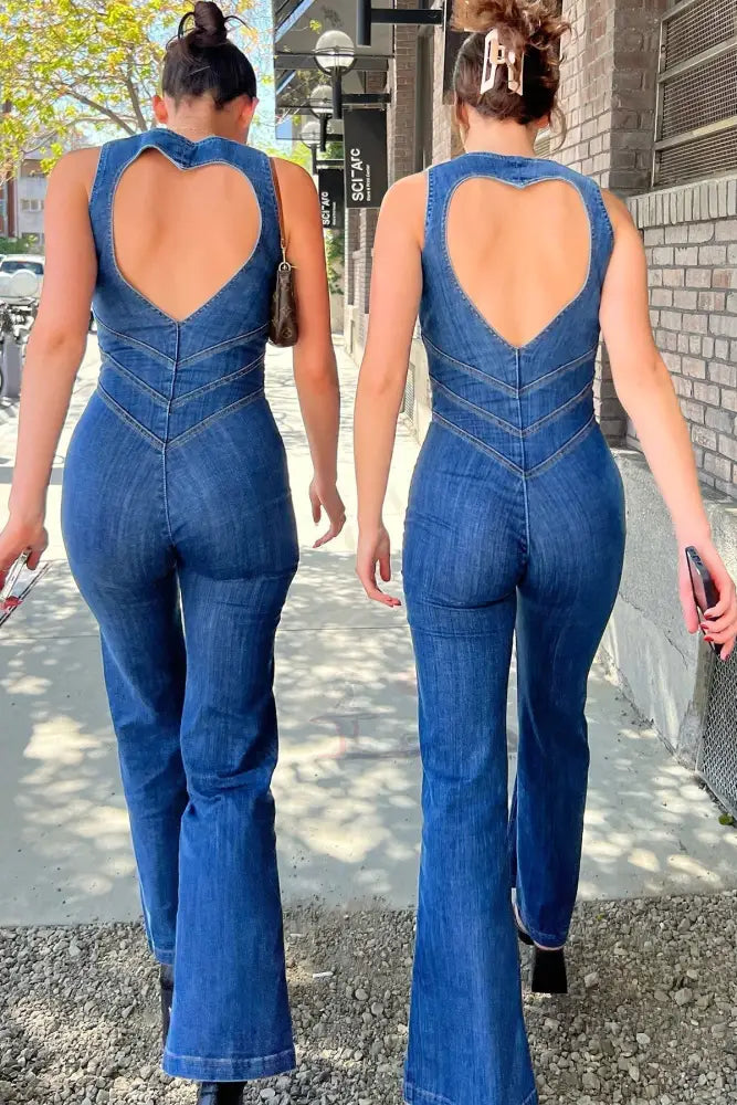 Amalia | Denim Jumpsuit met Open Rug | Elegante Zomerstijl Vrouwen | Blauw | Flatterende Pasvorm | Hartvormige Uitsnijding | Comfortabele Denim Blend | Zachte Stoffen | Stijlvolle Jumpsuit | Modieuze Details