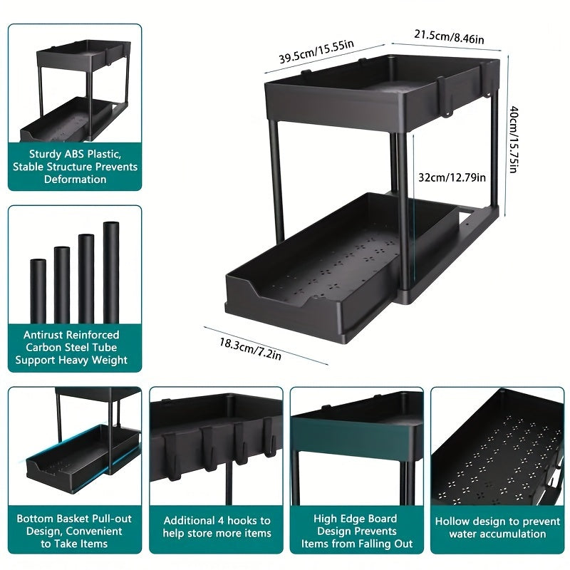 Dubbele Opslag Opbergrek Organiser - Uitschuifbaar- Duurzaam Kunststof/Metaal voor Keuken & Badkamer - KitchenCrest - FS+ - Essential