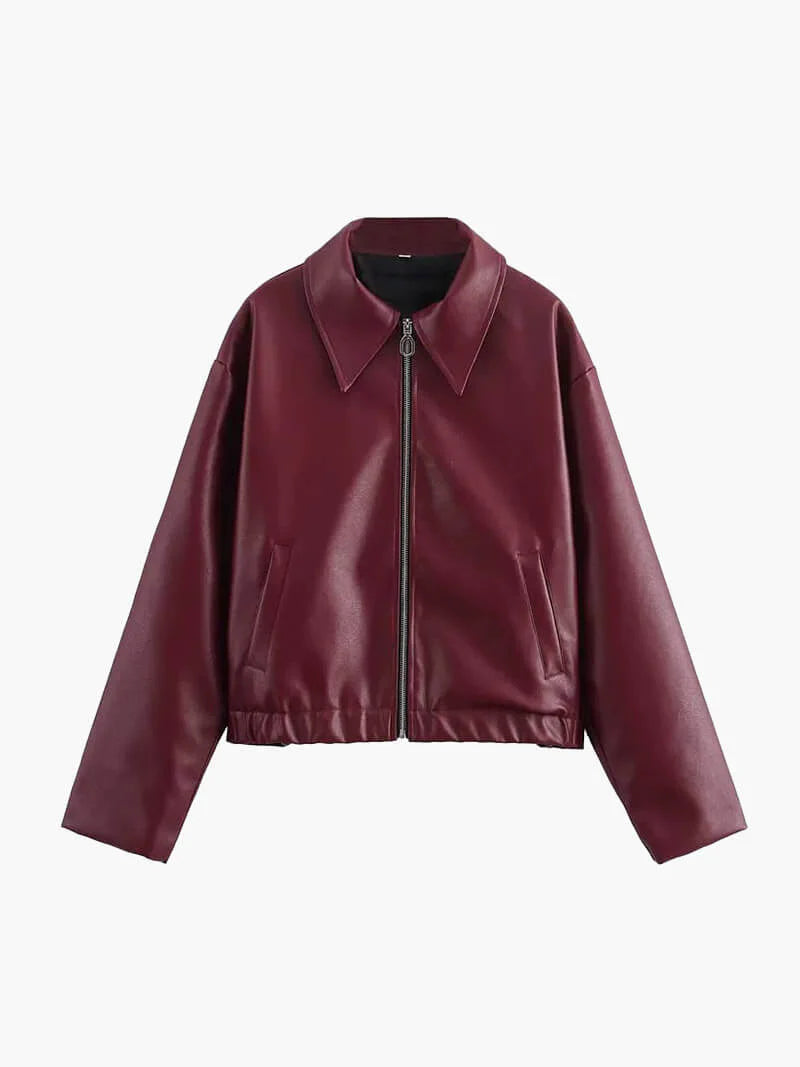 Vellora Kort Damesjack van Imitatieleer - Bordeauxrood Jasje met Rits, Kraag en Losse Pasvorm - Stoere Leren Look Jas voor Dames