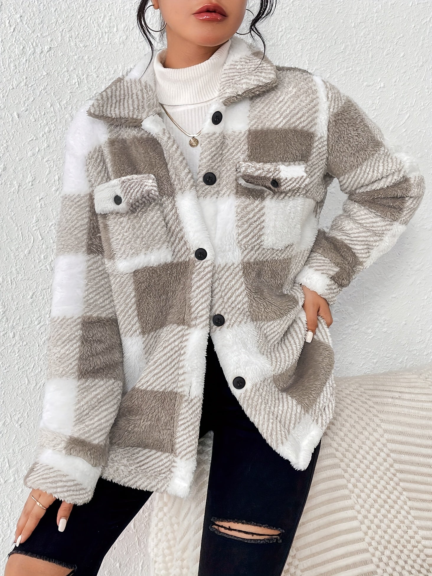 Visconte Dames Winterjas – Checkered Plush Coat met Hoge Elasticiteit, Machine-Wasbaar, Warme Jas voor Herfst & Winter