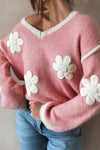 Rosa Flower V-Neck-pullover met overdunde schouders