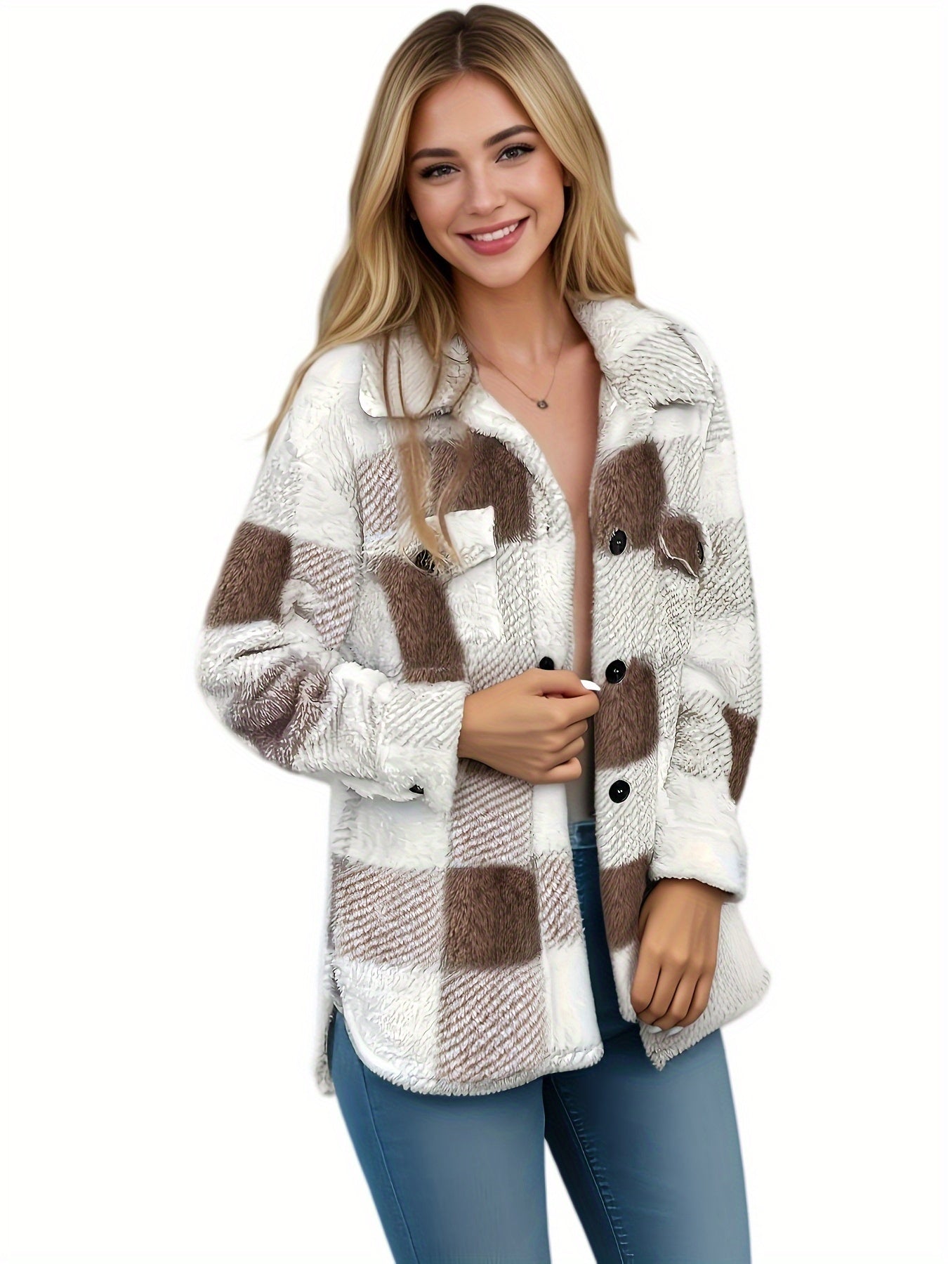 Visconte Dames Winterjas – Checkered Plush Coat met Hoge Elasticiteit, Machine-Wasbaar, Warme Jas voor Herfst & Winter
