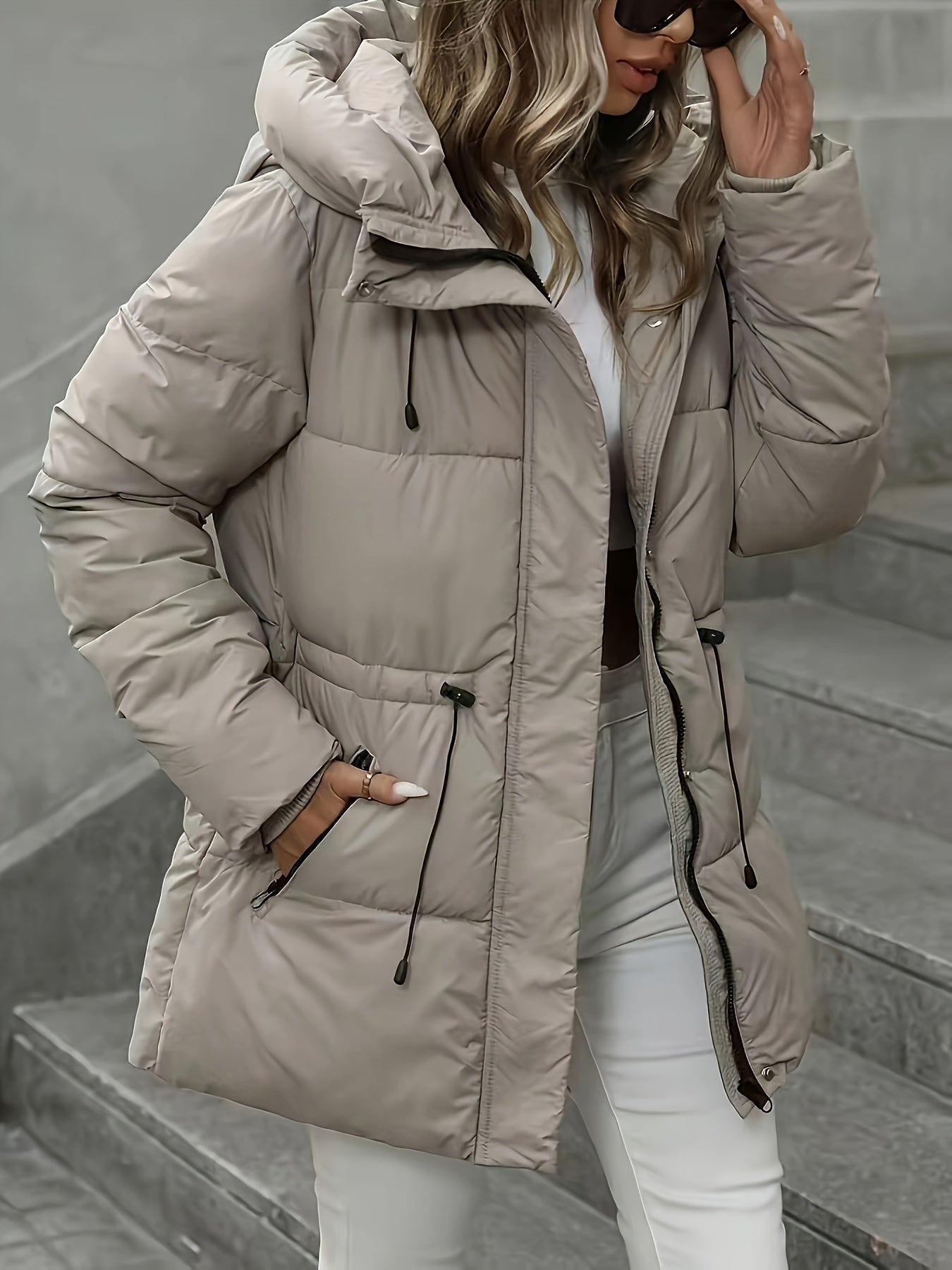 Visconte | Dames Mid-Length Winterjas | Polyester met fleecevoering, gouden accenten, piping detail, warme beige jas