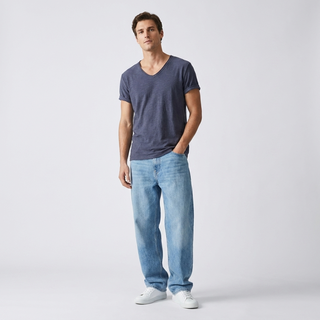 Heren V-Hals Shirt – Linnen Katoen T-Shirt met Ademende Slim Fit Pasvorm