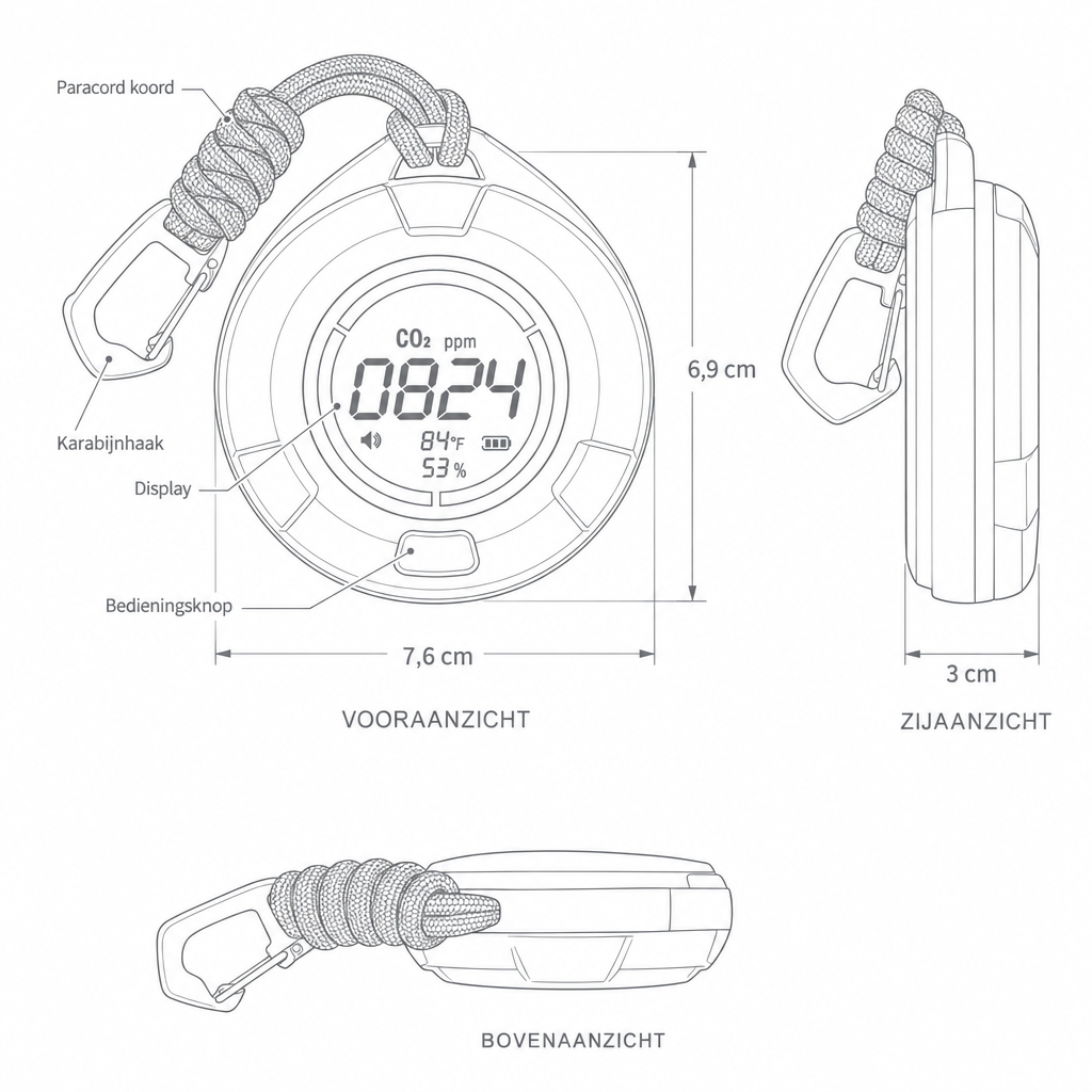 Technische tekening Airvista CO2 meter met afmetingen 7,6 x 6,9 x 3 cm