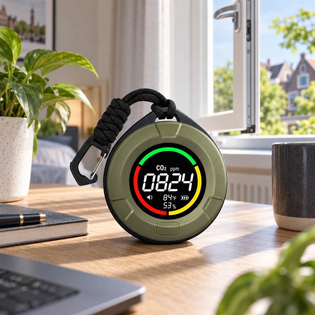 Airvista CO2 meter in gebruik op een bureau in een thuiswerkplek met open raam