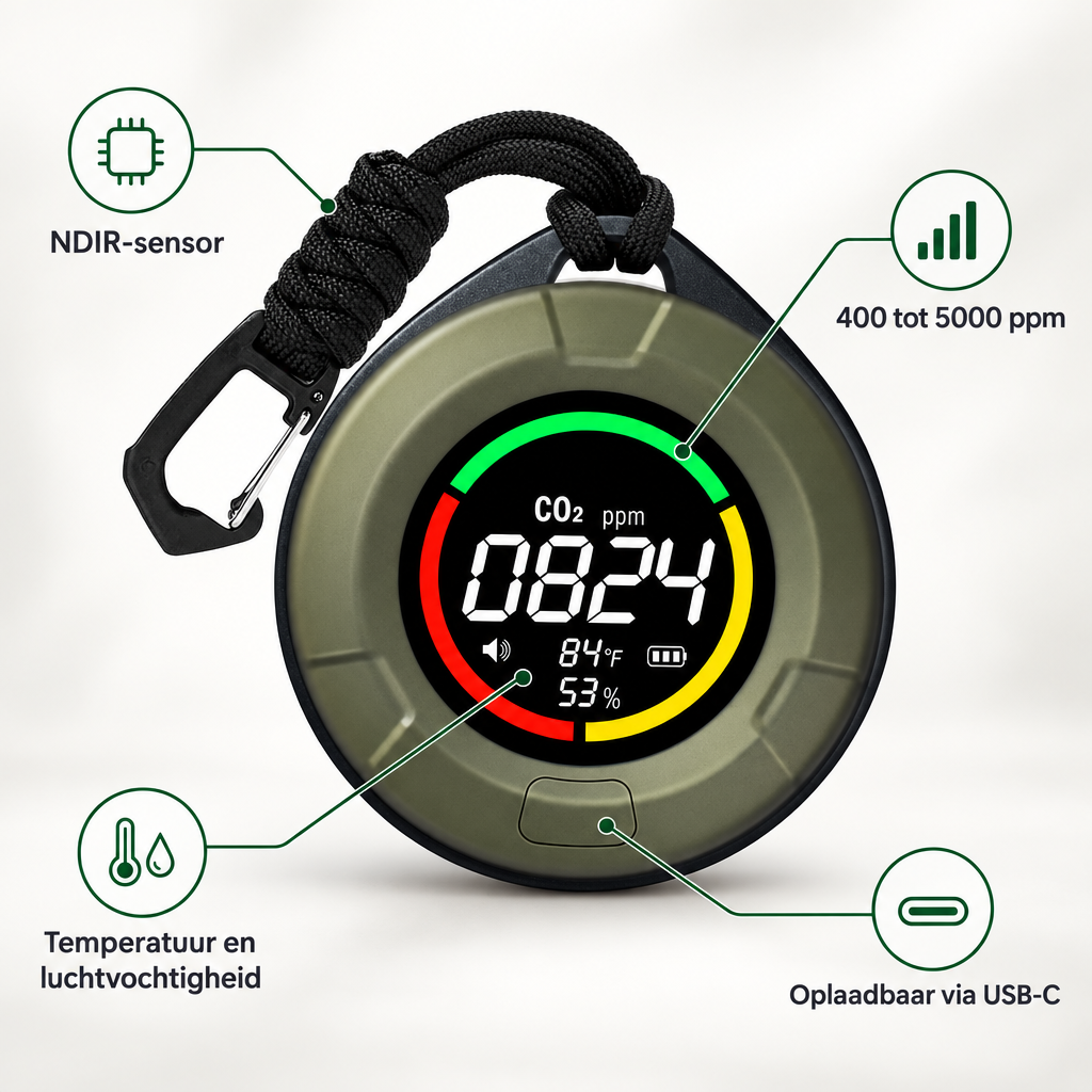 Kenmerken van de Airvista CO2 meter: NDIR sensor, 400 tot 5000 ppm, temperatuur en luchtvochtigheid, oplaadbaar via USB-C