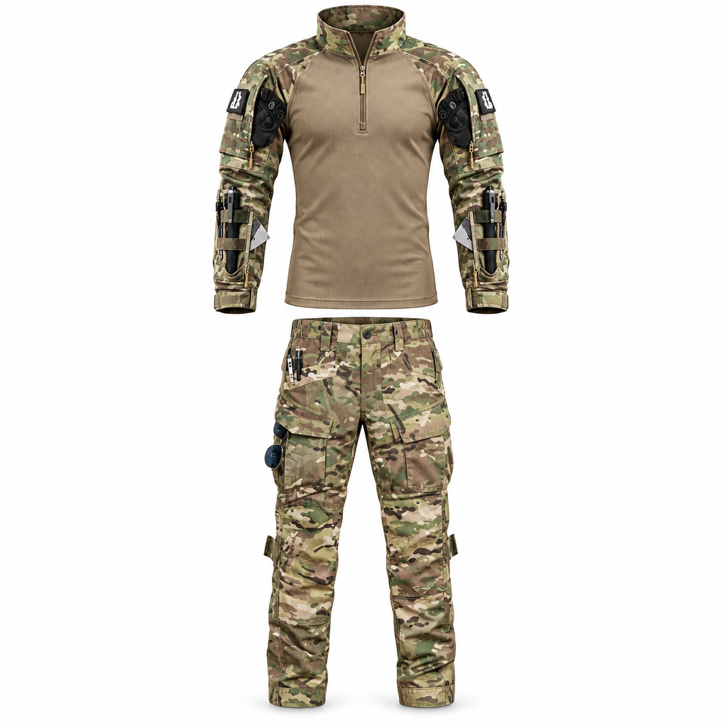 Ridgeway heren outdoor set met longsleeve shirt en cargobroek, packshot op witte achtergrond