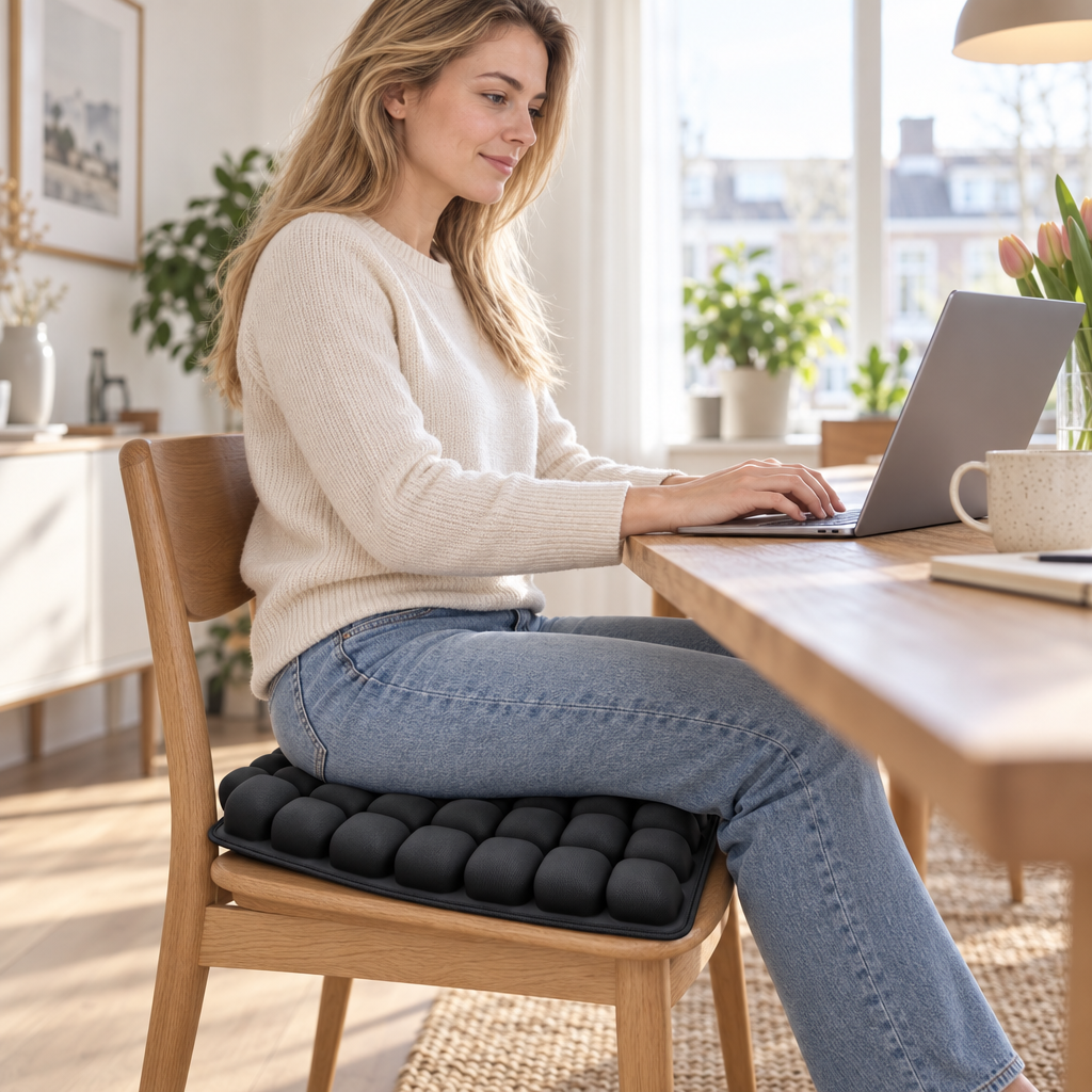 Airsit zitkussen in gebruik op een stoel aan een bureau