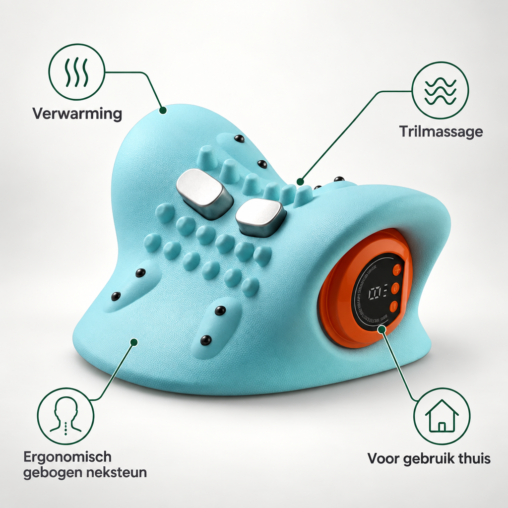 Kenmerken Neckora nekkussen: verwarming, trilmassage, ergonomisch gebogen neksteun, voor gebruik thuis
