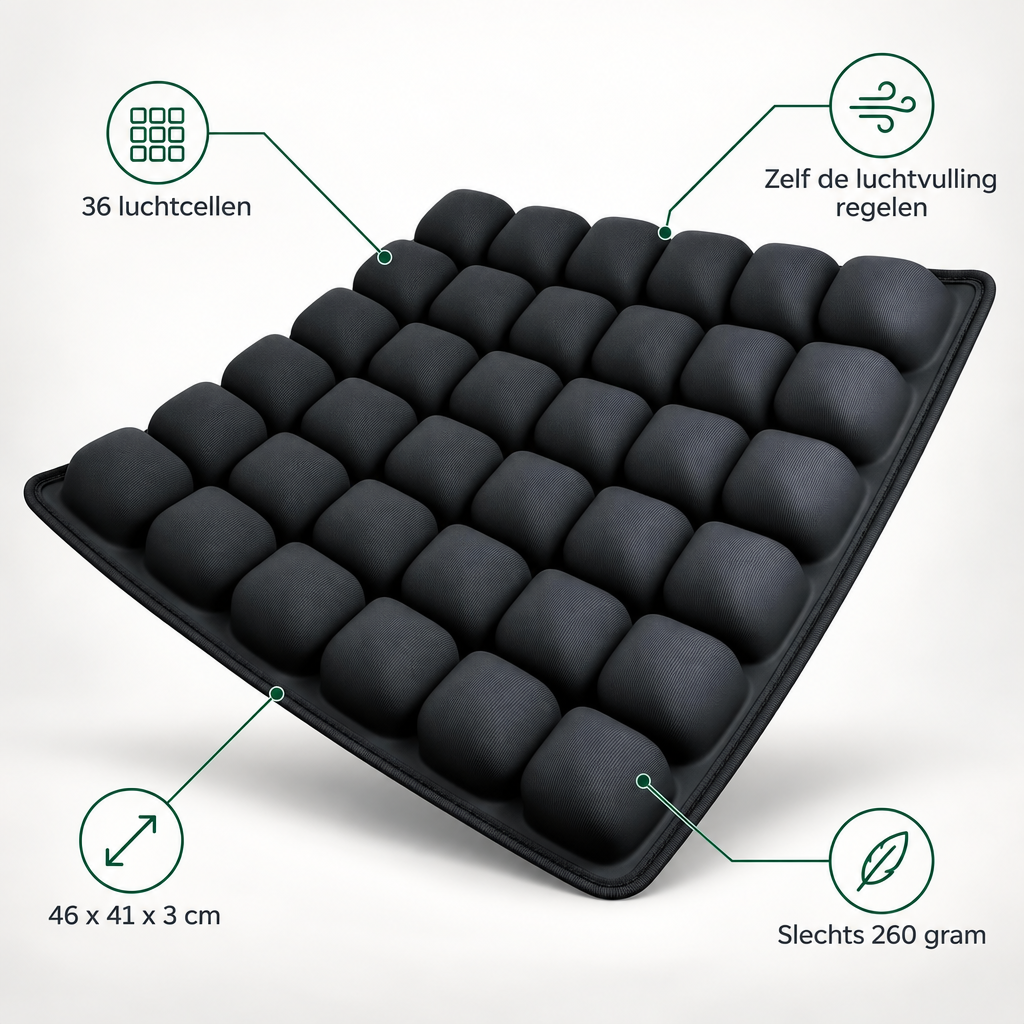 Kenmerken Airsit zitkussen: 36 luchtcellen, zelf de luchtvulling regelen, 46 x 41 x 3 cm, slechts 260 gram