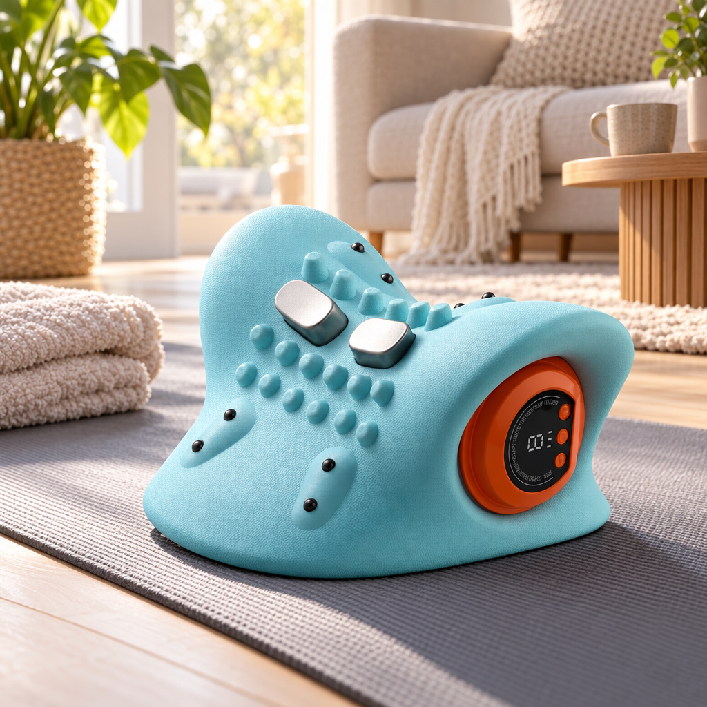 Neckora elektrisch nekkussen op een yogamat, klaar voor een ontspannen massagemoment thuis