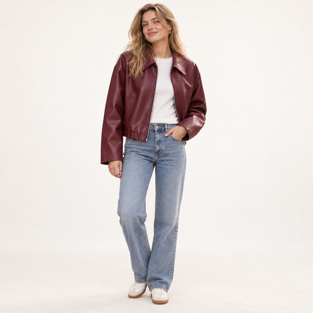 Vellora damesjack van imitatieleer op model in de studio