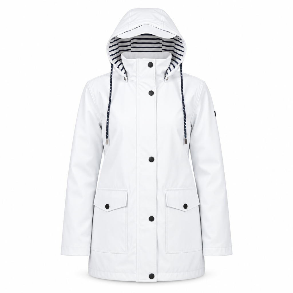 Noora damesjas met capuchon en gestreepte voering, packshot op witte achtergrond