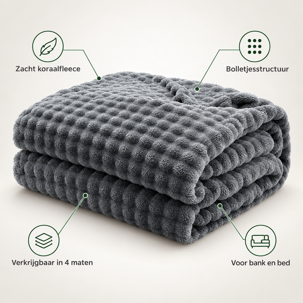 Kenmerken Cozyna plaid: zacht koraalfleece, bolletjesstructuur, verkrijgbaar in 4 maten, voor bank en bed