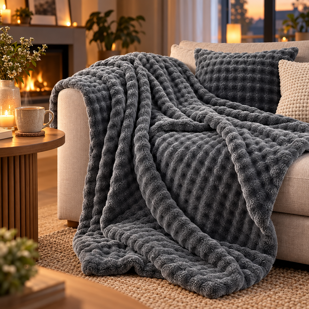 Cozyna fleece plaid gedrapeerd over de hoek van een bank in de woonkamer