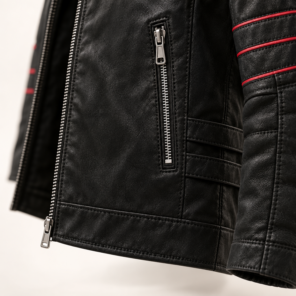 Detail van de zoom, zakrits en naden van het Rovak bikerjack