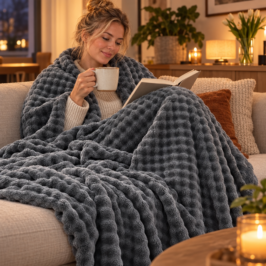 Cozyna fleece plaid in gebruik op de bank met een kop thee