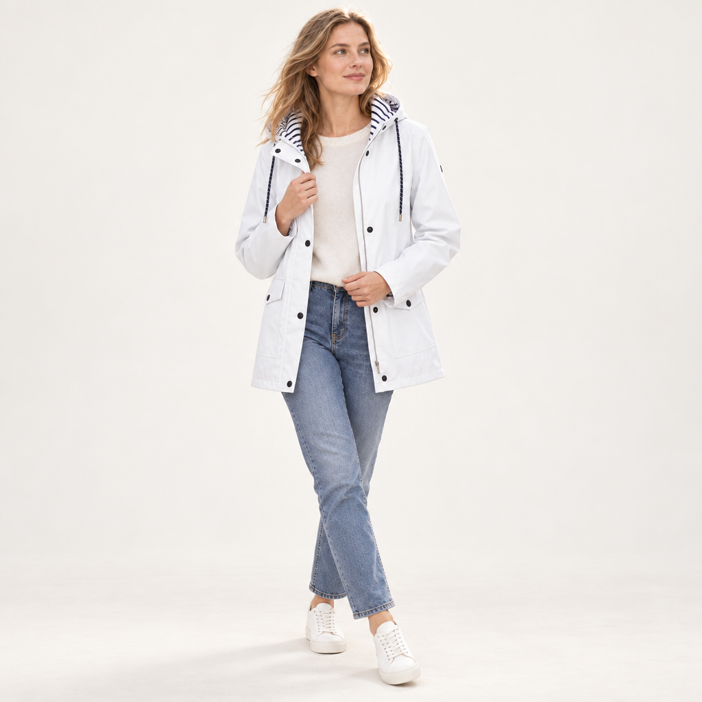 Noora damesjas met capuchon op model in de studio