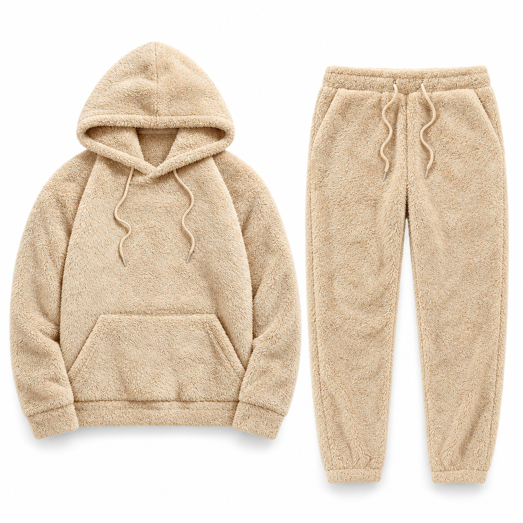 Nuzzla teddy set met hoodie en broek, packshot op witte achtergrond