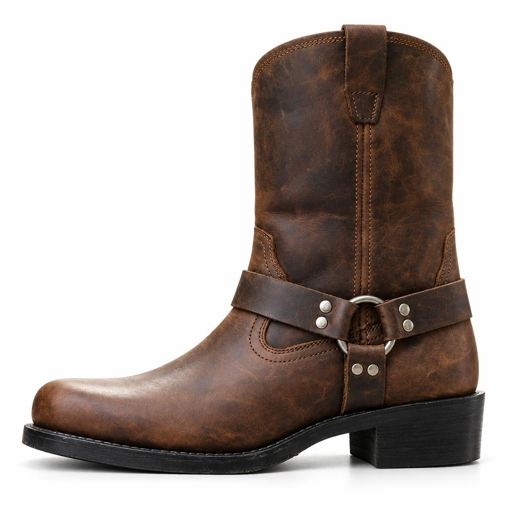 Navando western laarzen heren met harness riem, zijaanzicht op witte achtergrond