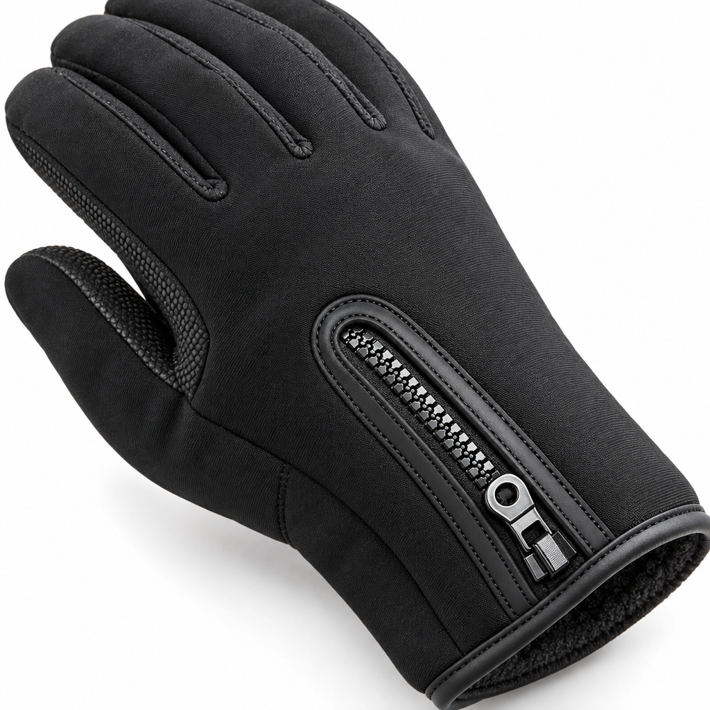 Close-up van de stof, stiksels en manchet van de Thermiq handschoen
