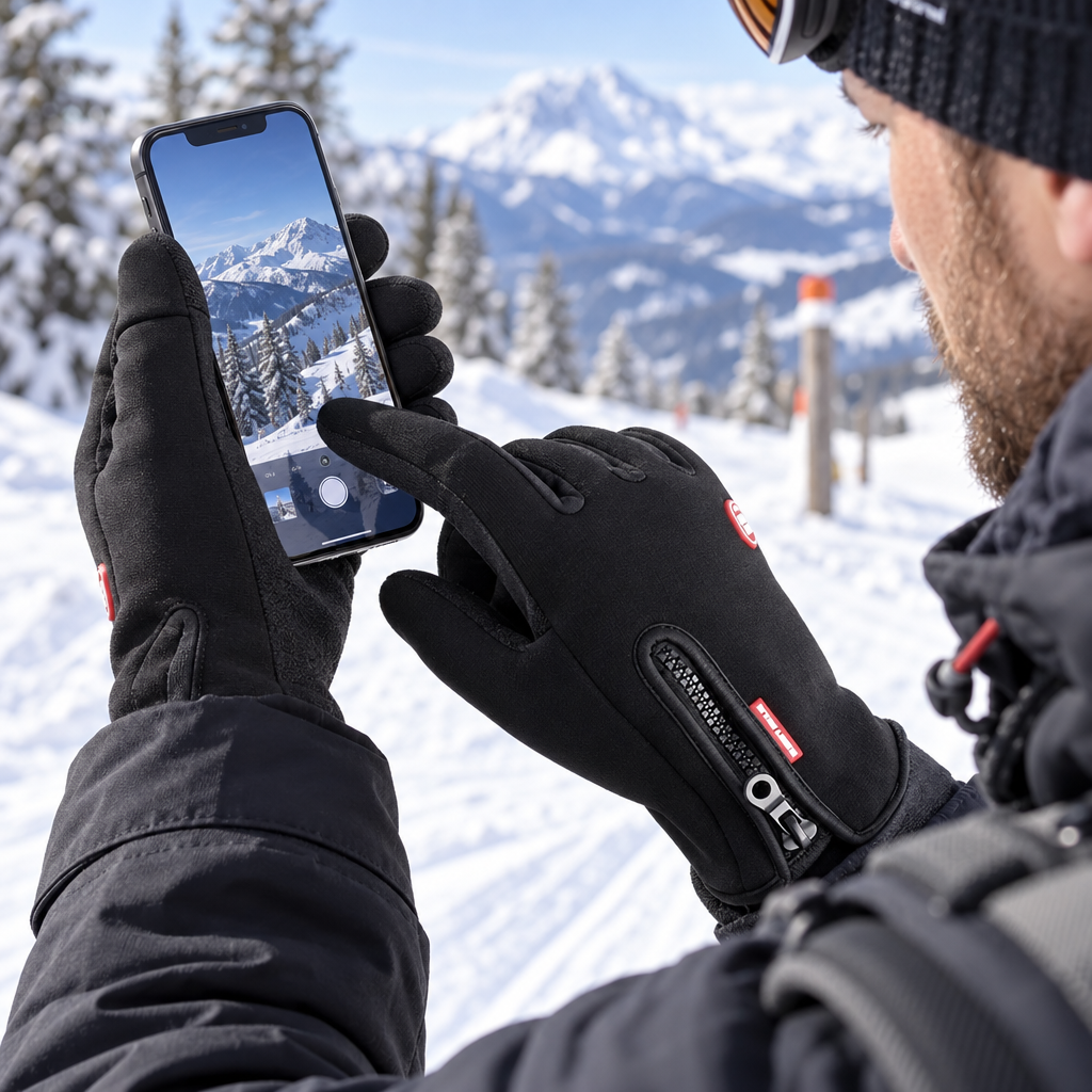 Thermiq verwarmde handschoenen in gebruik in de sneeuw met een smartphone
