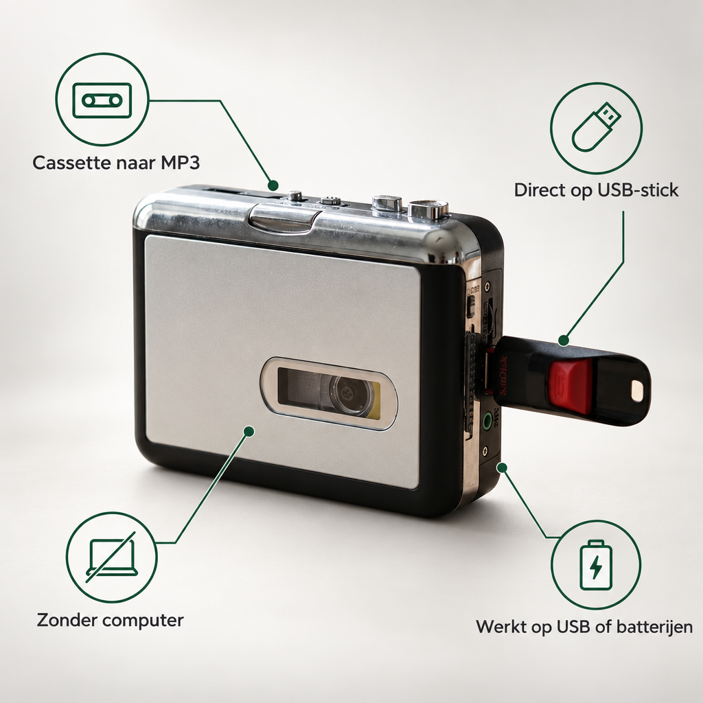 Kenmerken Navando omzetter: cassette naar MP3, direct op USB-stick, zonder computer, werkt op USB of batterijen
