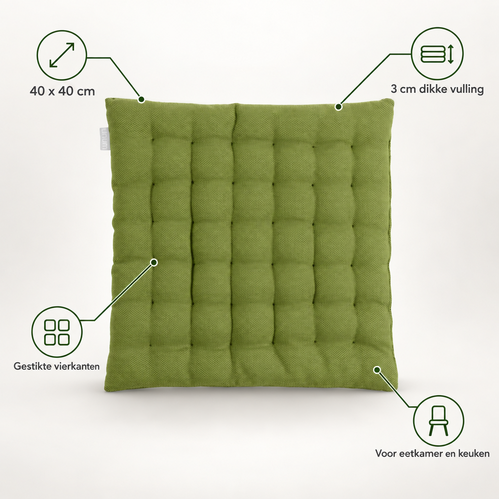 Kenmerken Sella stoelkussen: 40 x 40 cm, 3 cm dikke vulling, gestikte vierkanten, voor eetkamer en keuken