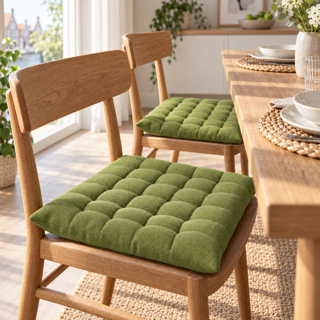 Sella stoelkussens op eetkamerstoelen aan een gedekte tafel