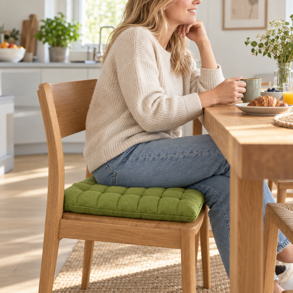 Sella stoelkussen in gebruik aan de keukentafel
