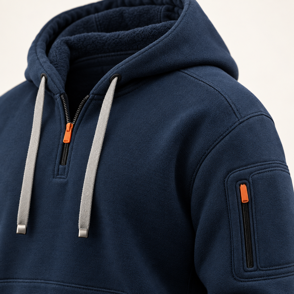 Close-up van de capuchon met trekkoord en de rits van de Northbay hoodie