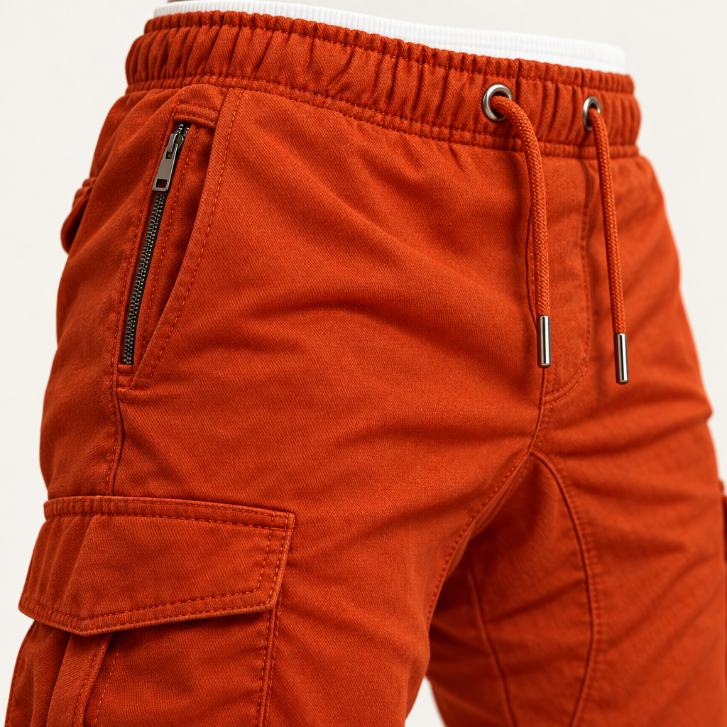 Close-up van de elastische taille met trekkoord en de ritszak van de Runwell joggingbroek