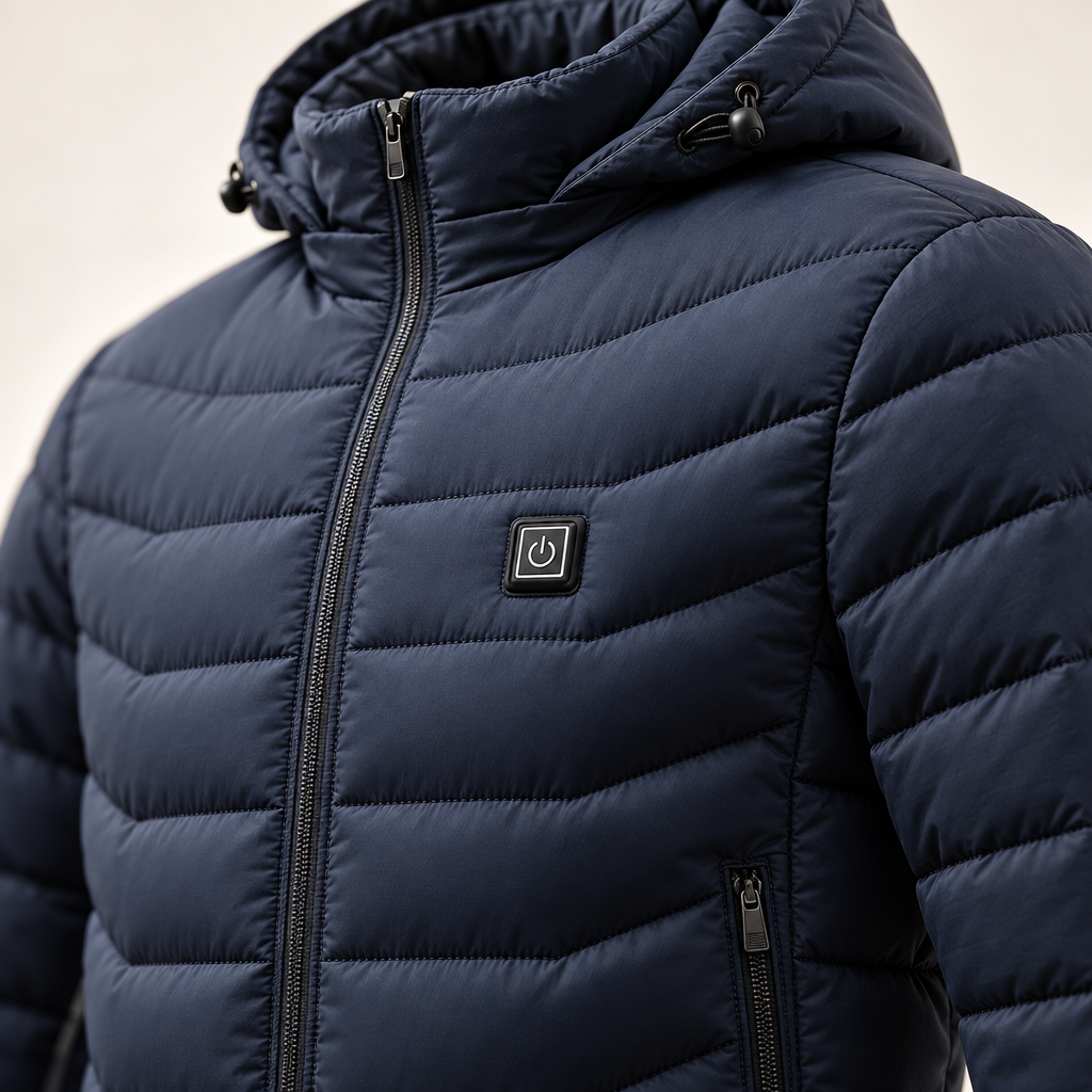 Detail van de warmteknop en de zak van de Frostiq verwarmde winterjas