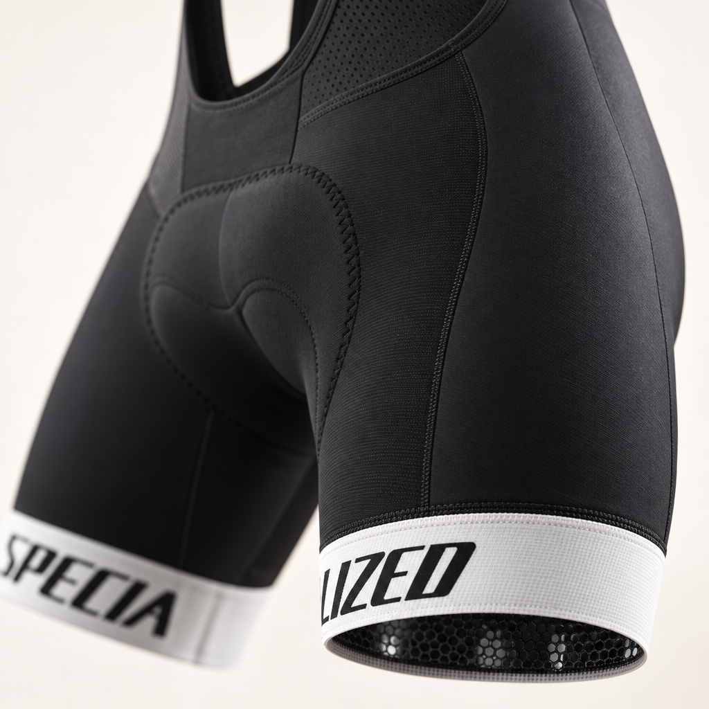 Detail van de pijpboord en het zeem van de Velonex bib shorts