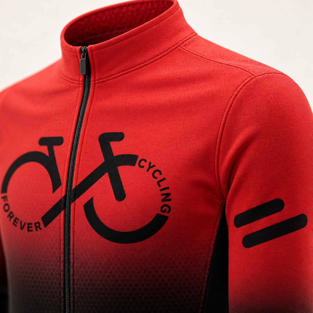 Close-up van de kraag, rits en thermische stof van de Cyclovent wielertrui