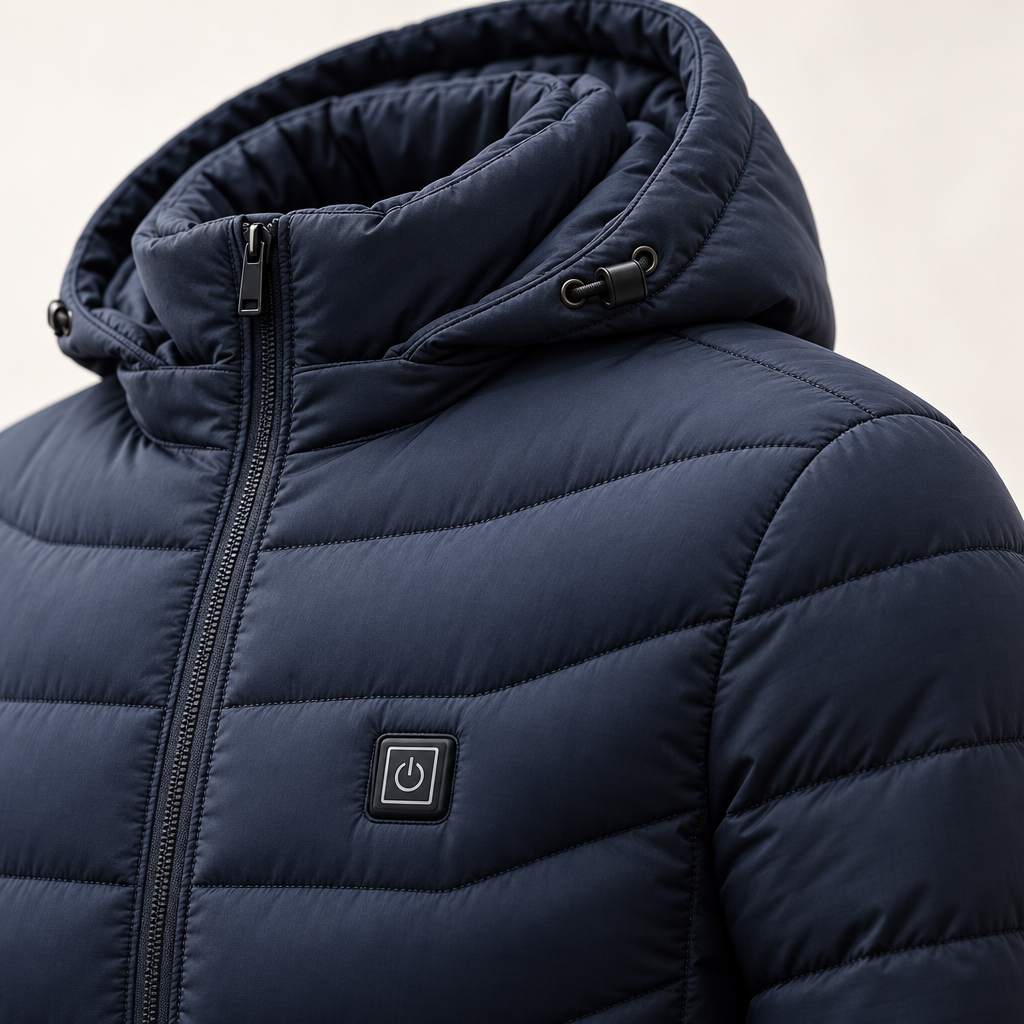 Close-up van de kraag, rits en gewatteerde stof van de Frostiq winterjas