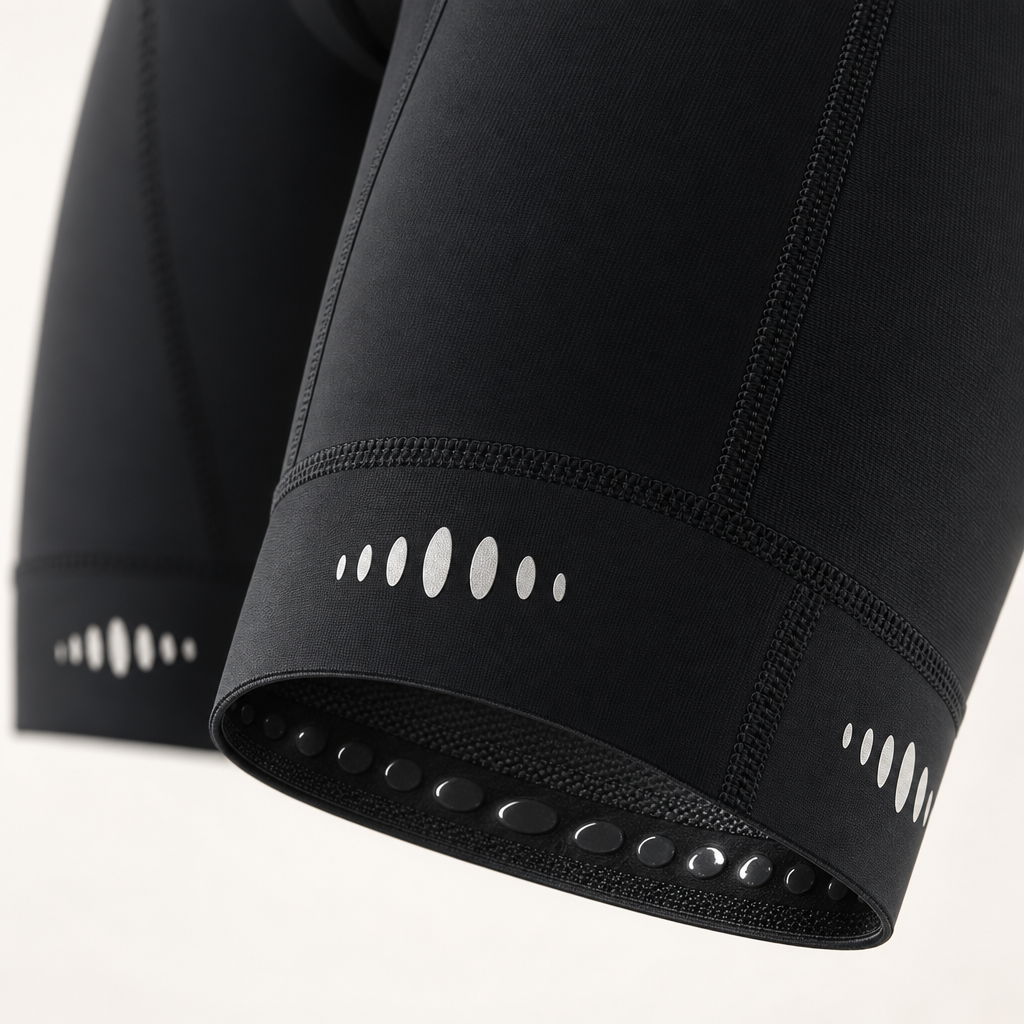 Detail van de antislip beenband en de reflecterende details van de Velonex fietsbroek
