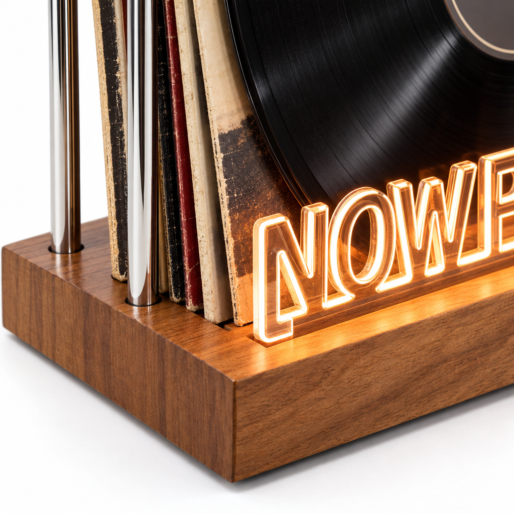 Detail van de sleuf en de verbindingen van de Vinyra platenstandaard