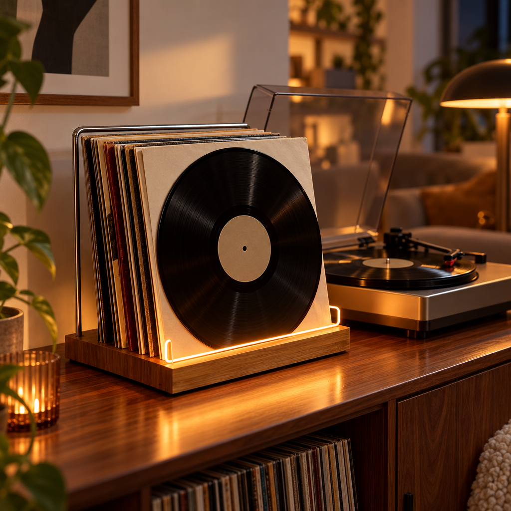 Vinyra platenstandaard op een dressoir naast een platenspeler